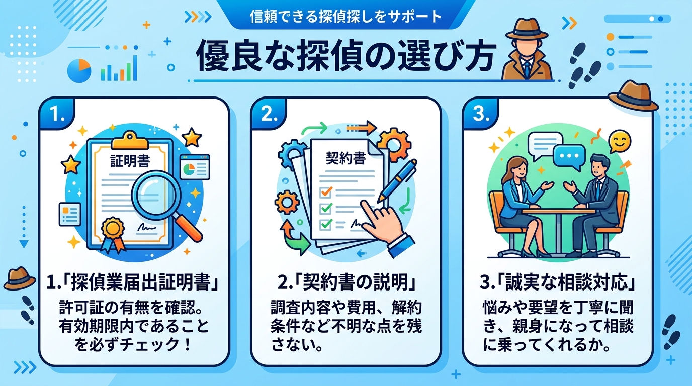 「優良な探偵の選び方」をテーマにしたインフォグラフィック。3つのチェックポイントをステップ形式で配置。1.「探偵業届出証明書」と虫眼鏡のアイコン、2.「契約書の説明」と書類のアイコン、3.「誠実な相談