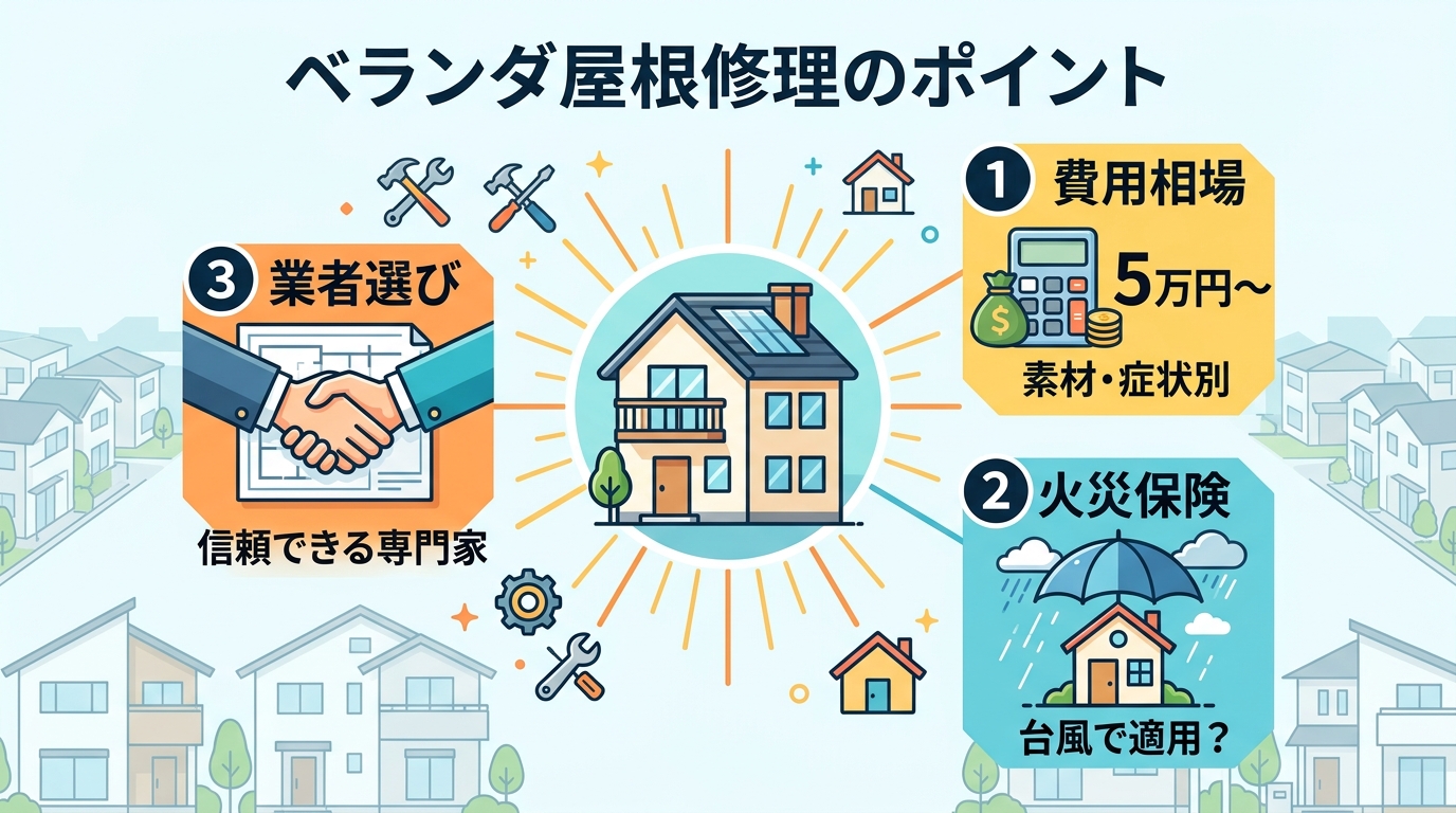 現代日本をベースに、日本人や日本の風景を使用すること, 「ベランダ屋根修理のポイント」というタイトルのインフォグラフィック。中央に家のアイコンを配置し、放射状に3つの要点を描く。①「費用相場」ブロック