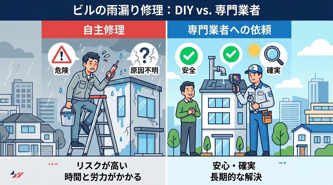 現代日本をベースに、日本人や日本の風景を使用すること, ビルの雨漏り修理に関するインフォグラフィック。フラットデザインのデジタルイラスト。画面を左右に分割し、「DIYでの修理」と「専門業者への依頼」を