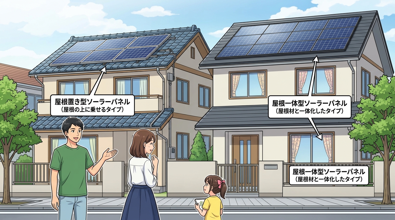 一般的な屋根置き型ソーラーパネルと、屋根一体型ソーラーパネルが設置された家の外観を比較できる写真。それぞれの特徴の違いが視覚的にわかるようにする。]