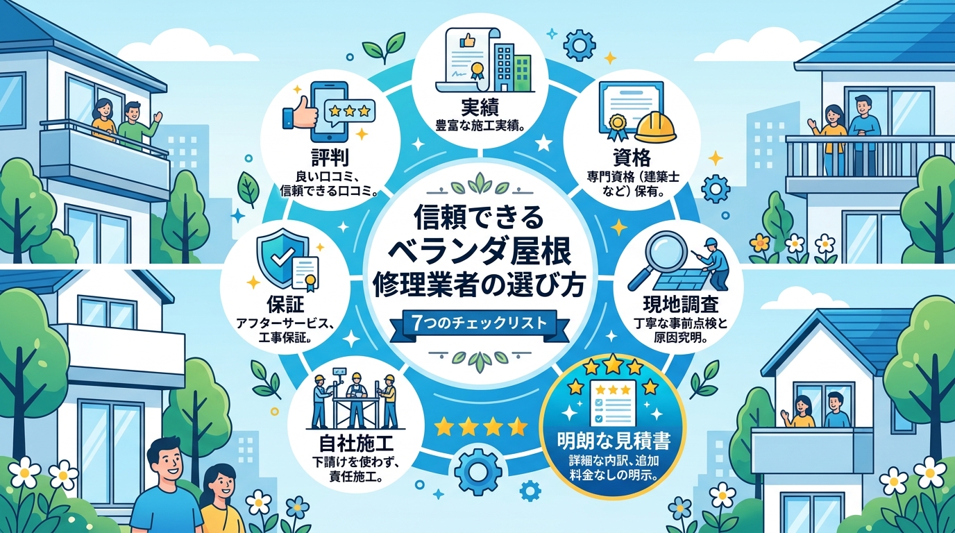 現代日本をベースに、日本人や日本の風景を使用すること, 「信頼できるベランダ屋根修理業者の選び方」を解説するインフォグラフィック。中央に「7つのチェックリスト」というタイトルを配置し、その周りに「実績