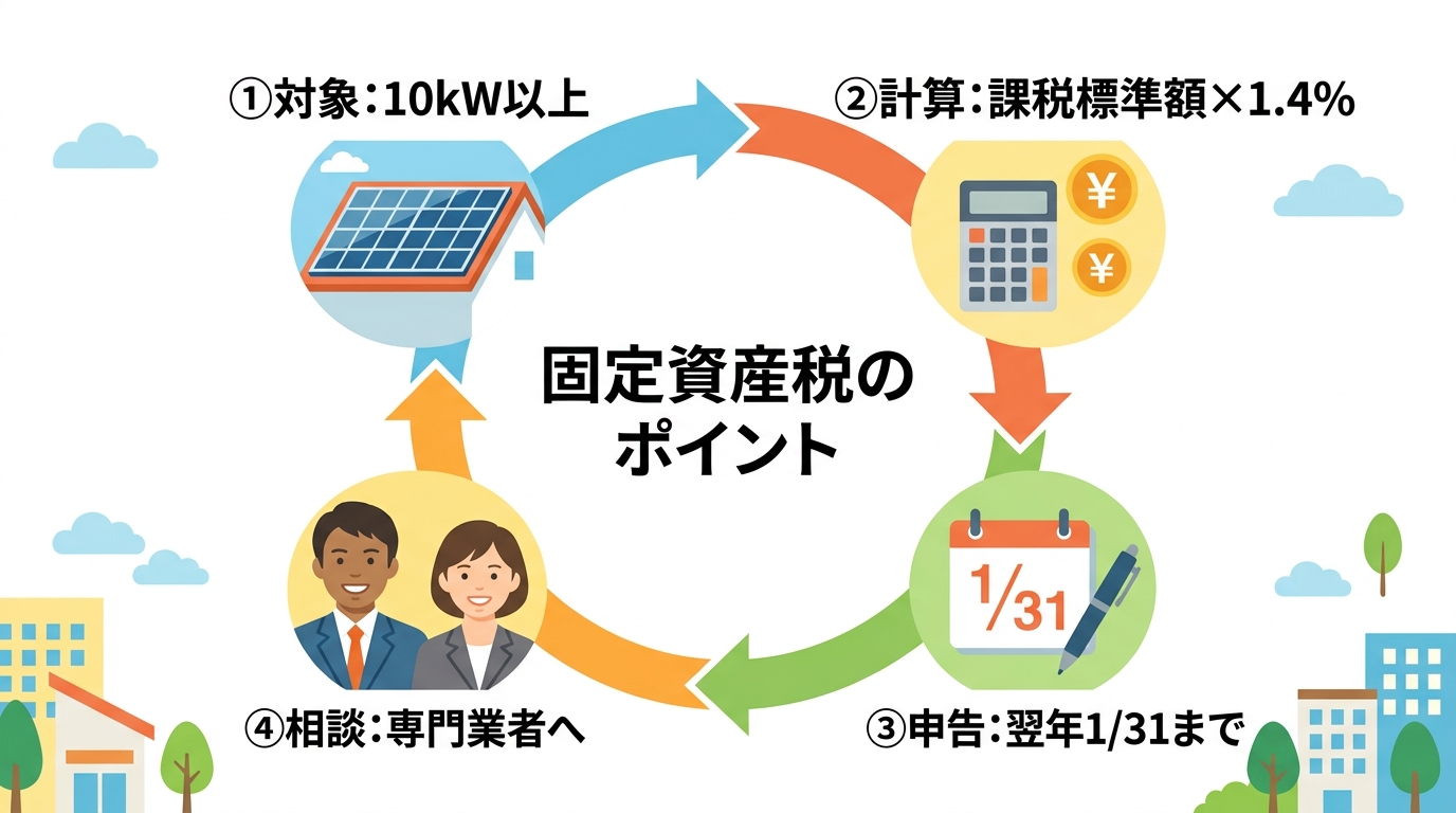 日本人と現代日本を舞台にすること, 太陽光発電の固定資産税の要点を解説するインフォグラフィック。フラットデザインのデジタルイラストで、白背景に明るい配色。中央に「固定資産税のポイント」とタイトルを配置