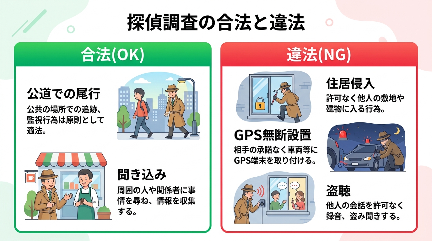 インフォグラフィックを作成。中央に境界線を引いた比較図で、「探偵調査の合法と違法」をテーマにする。左側は緑を基調に「合法(OK)」とし、「公道での尾行」と「聞き込み」のイラストを配置。右側は赤を基調に
