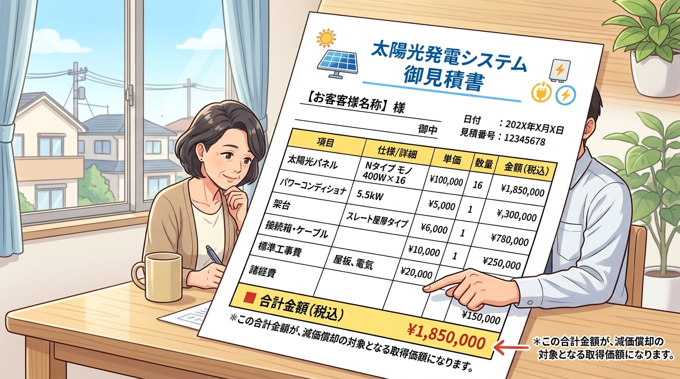 太陽光発電システムの見積書のサンプル画像。「太陽光パネル」「パワーコンディショナ」「架台」「標準工事費」などの項目が記載され、「合計金額」が取得価額になることを示す注釈付き。]