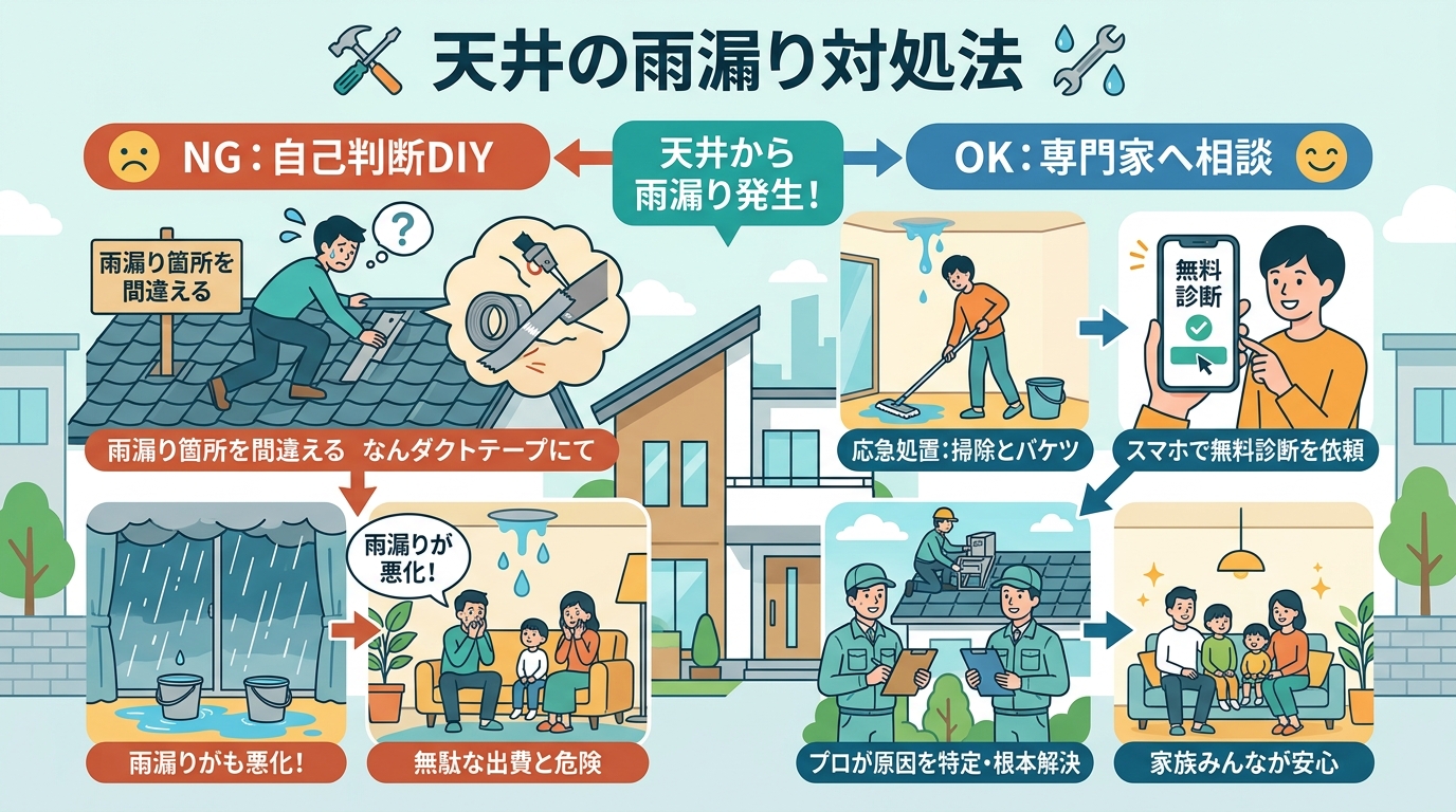 現代日本をベースに、日本人や日本の風景を使用すること, 「天井の雨漏り対処法」というタイトルのインフォグラフィック。左右に分岐するフロー図。左に「NG:自己判断DIY」として、困った人が屋根で間違った