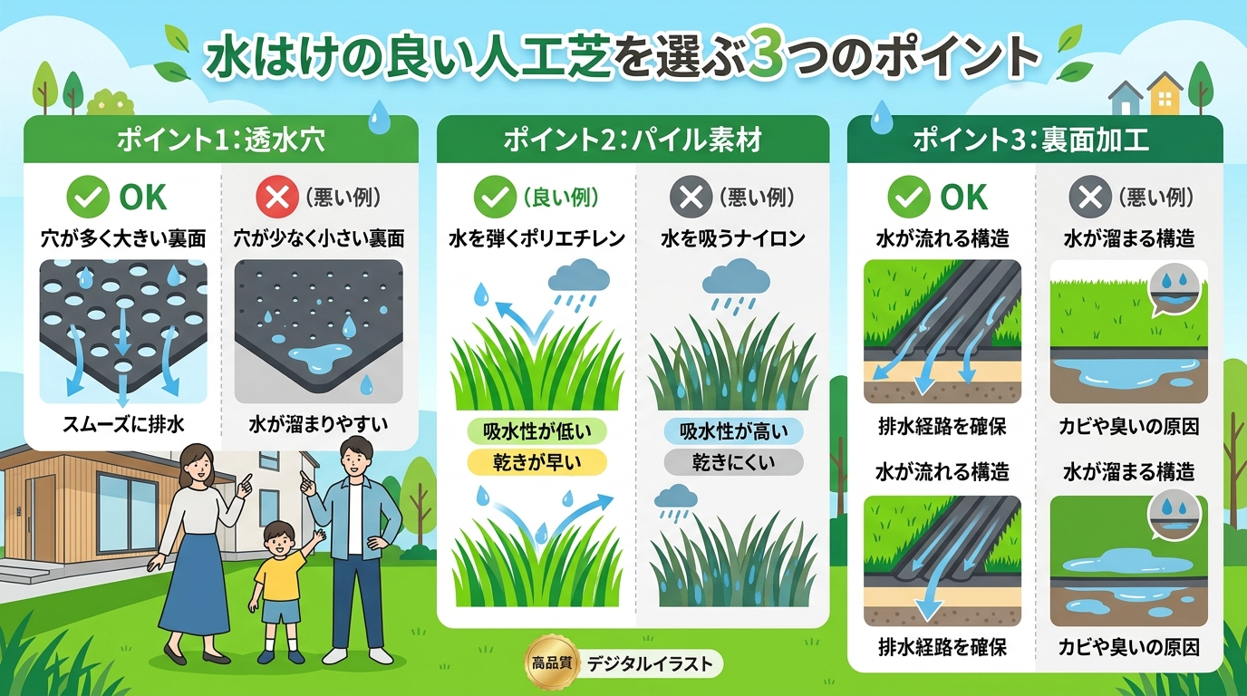 日本人と日本人の近代住宅・風景。参照画像の画風・テイスト・タッチでのイラストの作成。必要に応じてカラーにして。, 「水はけの良い人工芝を選ぶ3つのポイント」というタイトルのインフォグラフィック。画面を