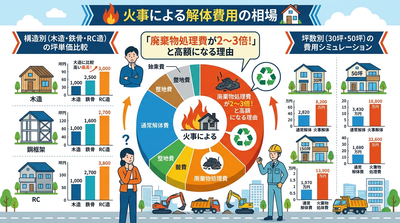 日本人と現代日本の風景, 「火事による解体費用の相場」をテーマにしたインフォグラフィック。中央に、費用の内訳を示す円グラフを配置し「廃棄物処理費が2〜3倍!」と高額になる理由を強調。その周りに「構造別