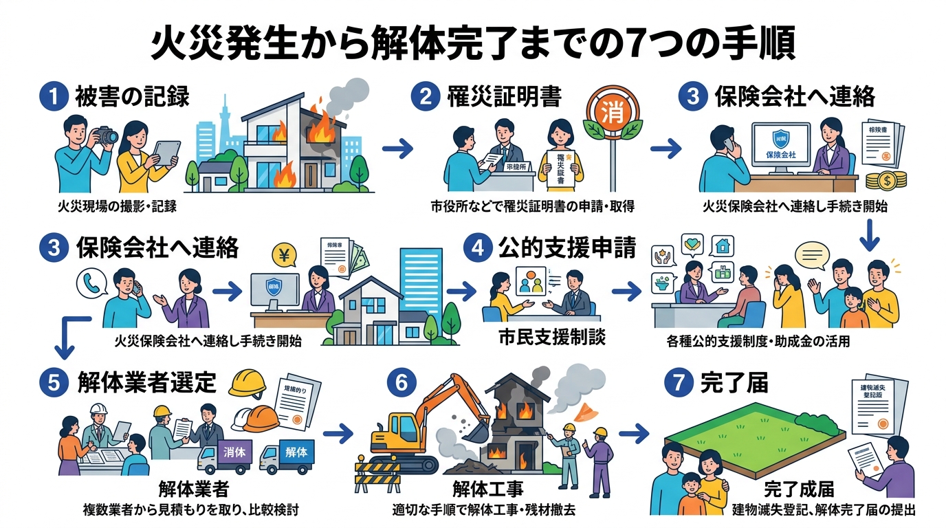 日本人と現代日本の風景, 「火災発生から解体完了までの7つの手順」をテーマにしたインフォグラフィック。上から下に流れるフローチャート形式で、7つのステップを番号、アイコン、短い日本語テキストで解説する