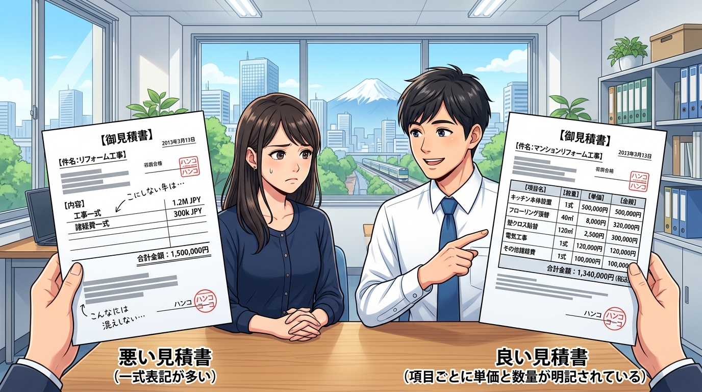 「悪い見積書（一式表記が多い）」と「良い見積書（項目ごとに単価と数量が明記されている）」を並べて比較している画像。]