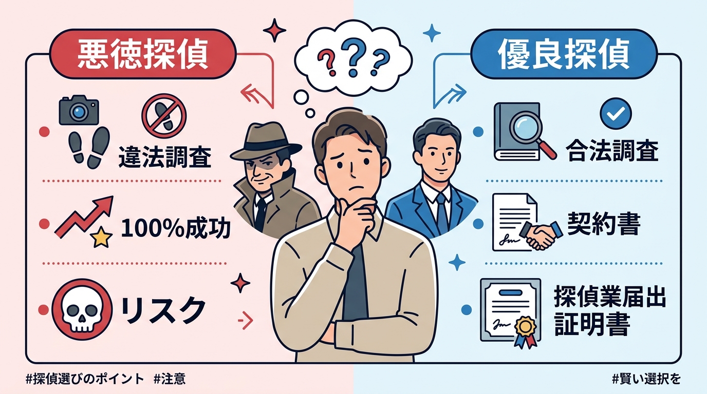 インフォグラフィック。中央で悩む依頼者。左に赤色で「悪徳探偵」を描き、「違法調査」「100%成功」という文字とドクロのアイコンを配置。右に青色で「優良探偵」を描き、「合法調査」「契約書」という文字と