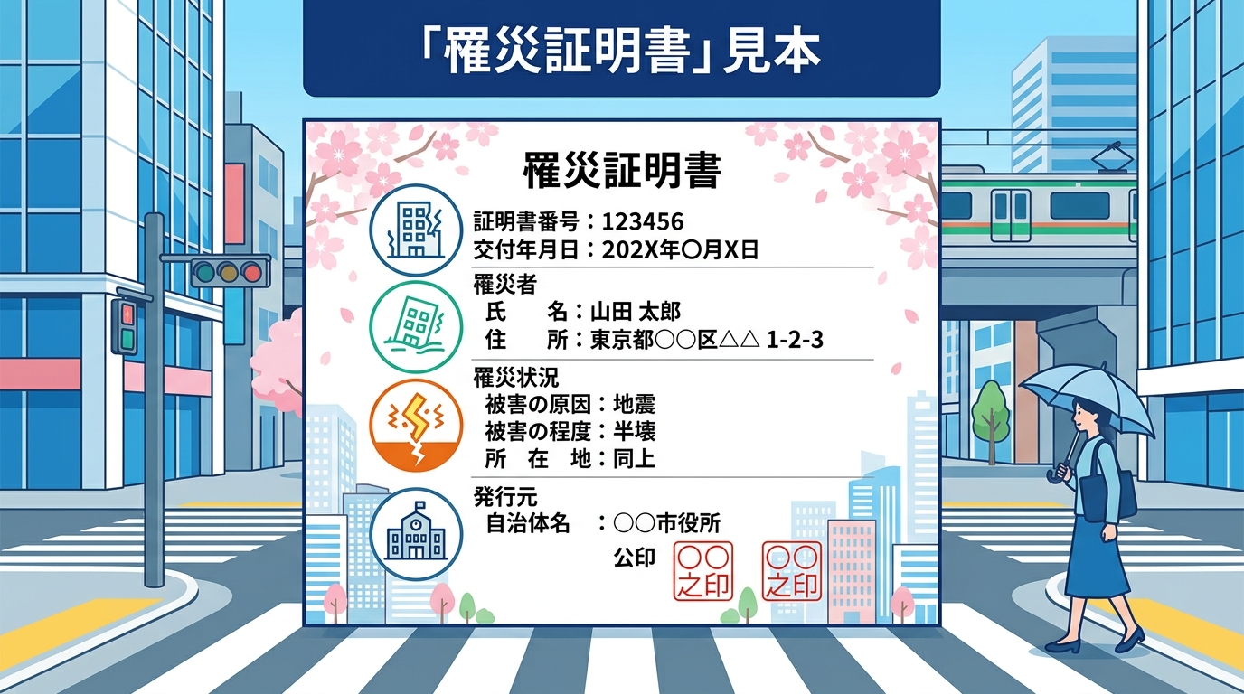 自治体が発行する「罹災証明書」の見本画像。どのような情報が記載されているかユーザーがイメージできるようにする。]