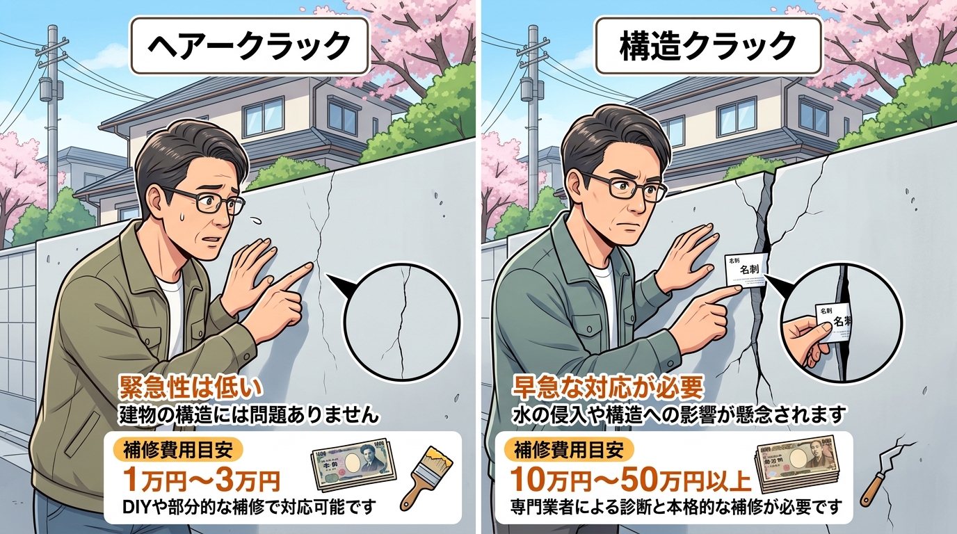 緊急性の低い「ヘアークラック（髪の毛程度の細いひび割れ）」と、早急な対応が必要な「構造クラック（名刺が入る程度のひび割れ）」を比較できる写真。それぞれの写真に補修費用の目安の違いをキャプションで加える