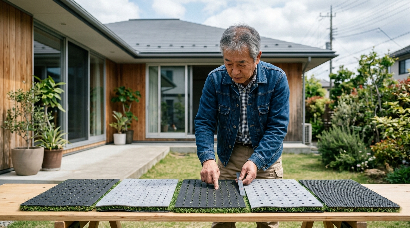 複数の人工芝サンプルの裏面を並べ、透水穴の数や間隔、大きさの違いが比較できる写真]