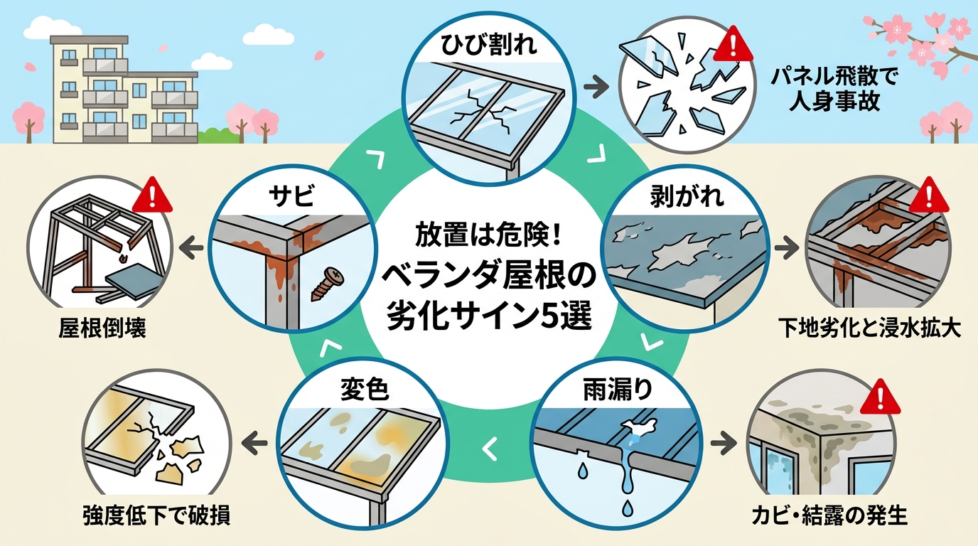 現代日本をベースに、日本人や日本の風景を使用すること, インフォグラフィックを作成。主題は「放置は危険!ベランダ屋根の劣化サイン5選」。中央のタイトルを囲むように、5つのサイン(ひび割れ、剥がれ、サビ