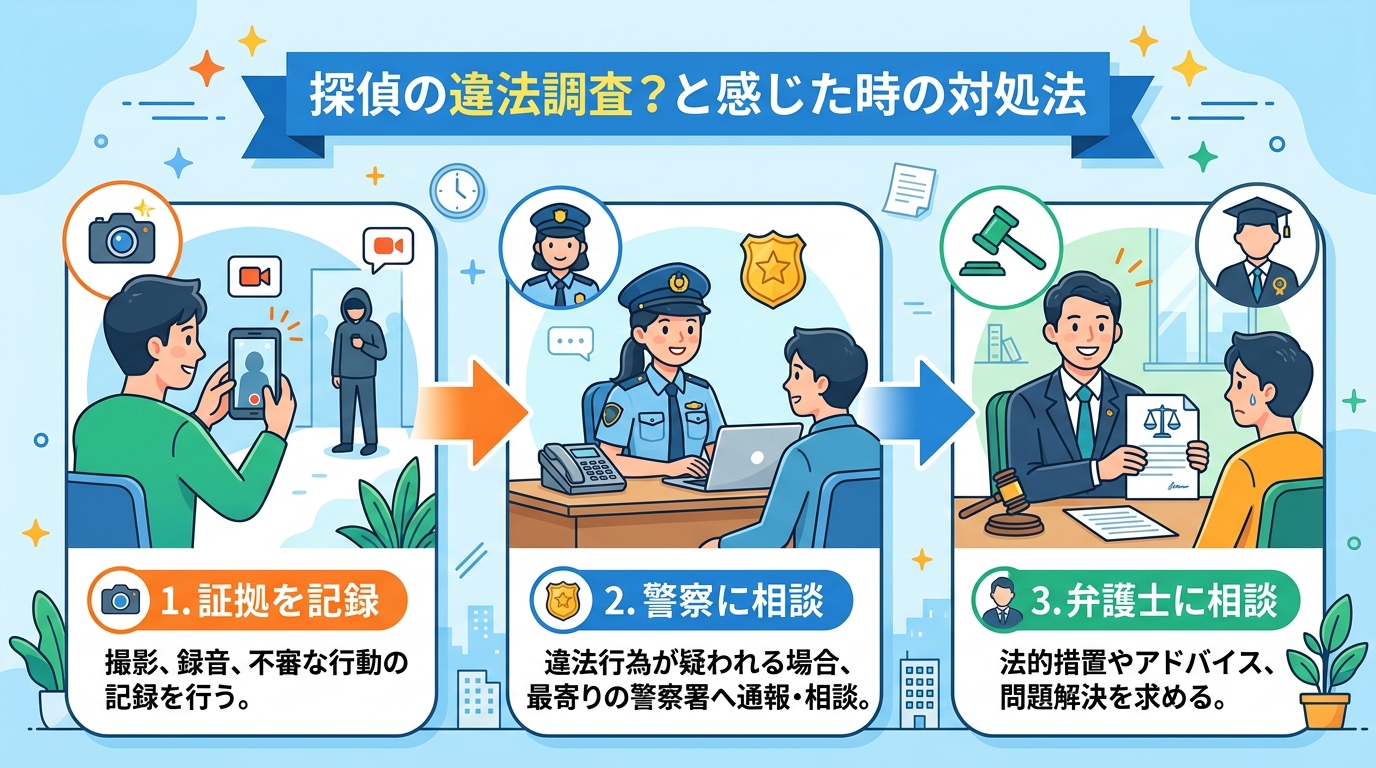 「探偵の違法調査？と感じた時の対処法」というタイトルのインフォグラフィック。3ステップのフロー図で、①スマートフォンで撮影するアイコンと「証拠を記録」、②警察官のアイコンと「警察に相談」、③弁護士のア