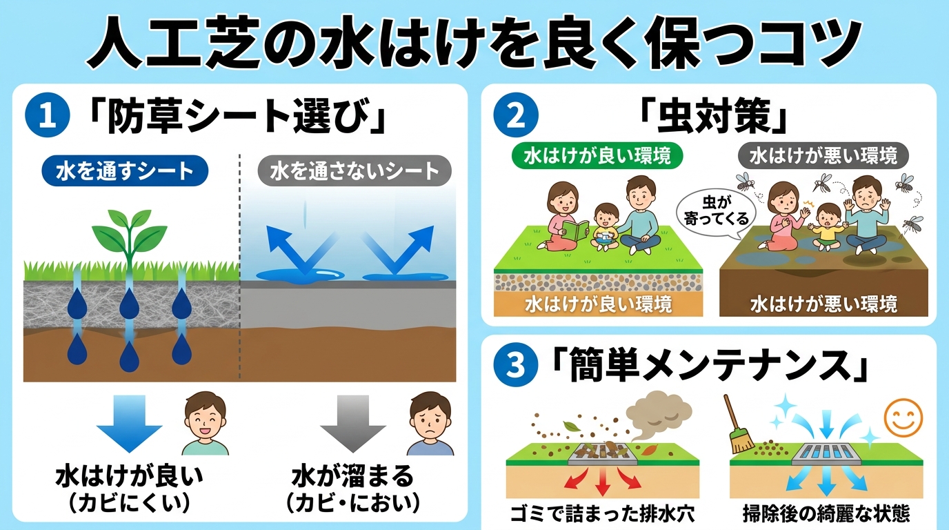 日本人と日本人の近代住宅・風景。参照画像の画風・テイスト・タッチでのイラストの作成。必要に応じてカラーにして。, 「人工芝の水はけを良く保つコツ」というタイトルのインフォグラフィック。フラットデザイン