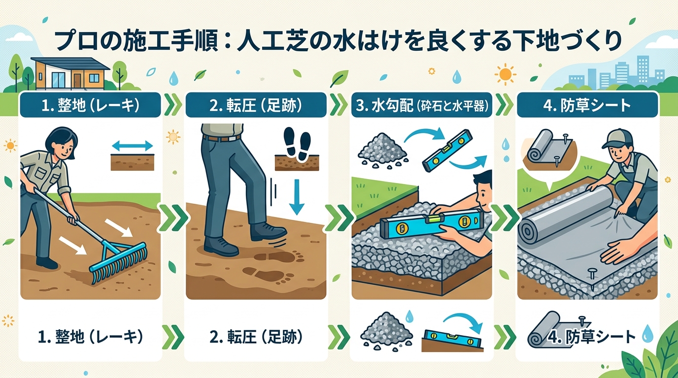 日本人と日本人の近代住宅・風景。参照画像の画風・テイスト・タッチでのイラストの作成。必要に応じてカラーにして。, 「プロの施工手順：人工芝の水はけを良くする下地づくり」というタイトルのインフォグラフィ