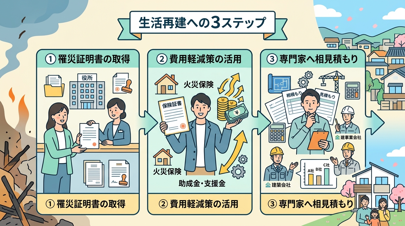 日本人と現代日本の風景, 「火事の後の解体から生活再建へ」をテーマにしたインフォグラフィック。希望が持てる明るい色調のフラットなデジタルイラストで、中央に「生活再建への3ステップ」というタイトルを配置