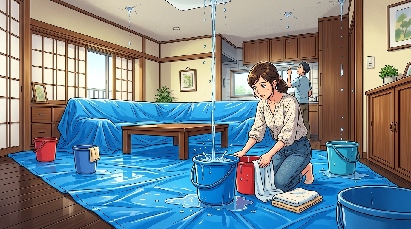 バケツとブルーシートで養生された室内の様子。水滴が落ちる箇所だけでなく、広範囲にブルーシートが敷かれている状態がわかる写真。]