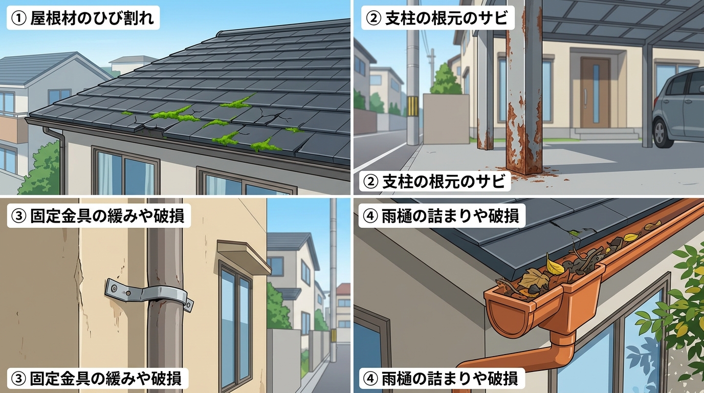 劣化症状別の写真。①屋根材のひび割れ、②支柱の根元のサビ、③固定金具の緩みや破損、④雨樋の詰まりや破損、など、ユーザーが自宅の状況と照らし合わせられる写真。]