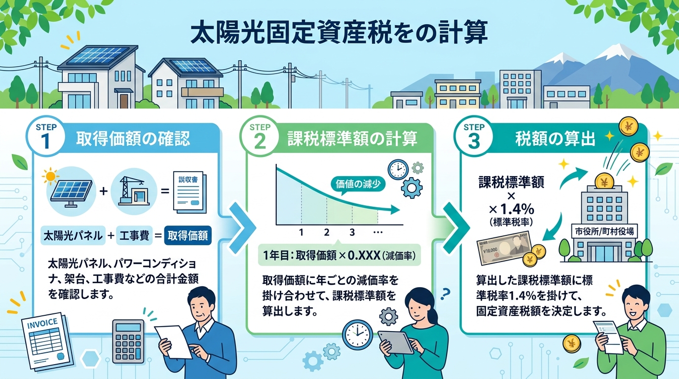 日本人と現代日本を舞台にすること, 太陽光発電の固定資産税の計算方法を3ステップで解説するインフォグラフィック。フラットデザインでクリーンなデジタルイラスト。左から右へ矢印で繋がった3つのステップ。ス