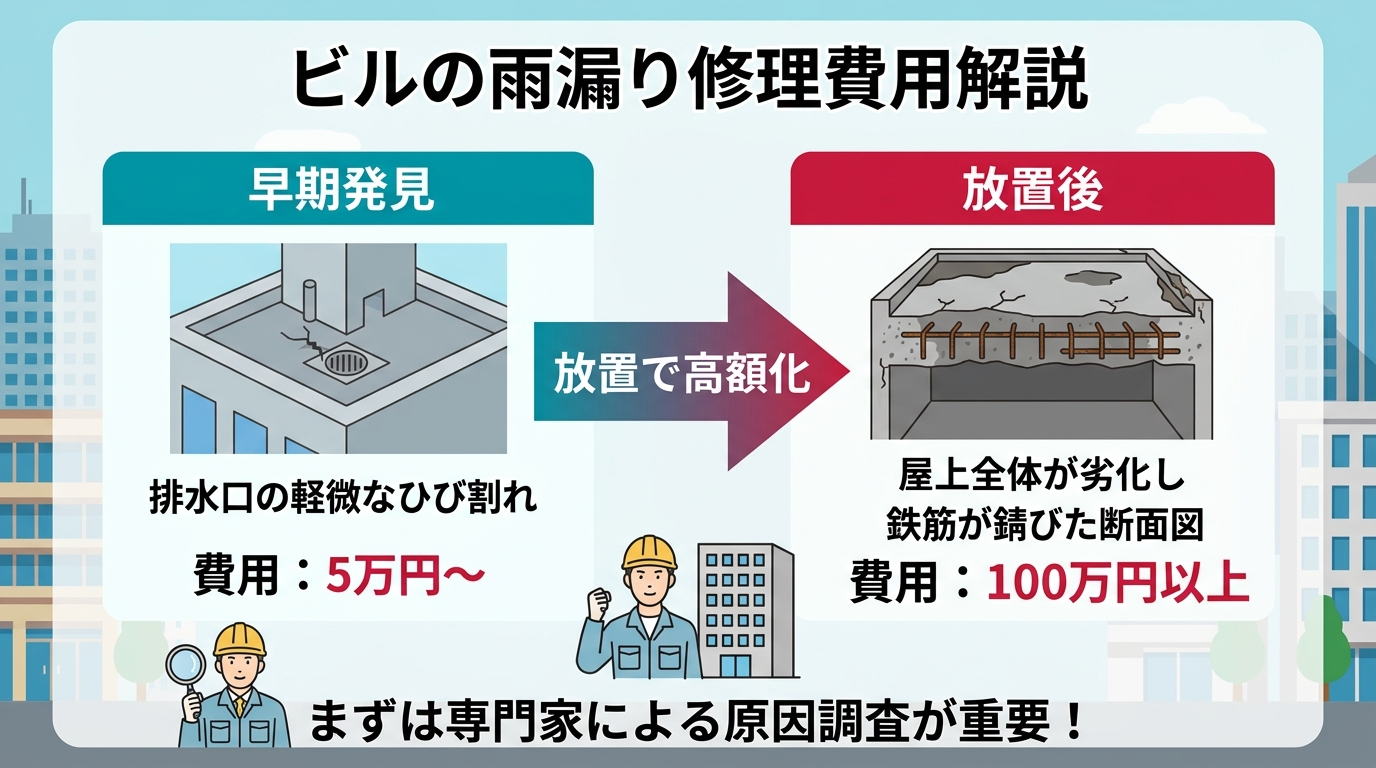現代日本をベースに、日本人や日本の風景を使用すること, ビルの雨漏り修理費用を解説するインフォグラフィック。左右の比較図で、左側に「早期発見」として排水口の軽微なひび割れのイラストと「費用：5万円～」