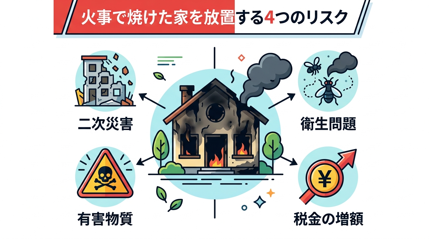 日本人と現代日本の風景, インフォグラフィック、「火事で焼けた家を放置する4つのリスク」というタイトル。中央に黒焦げになった家のシンプルなイラストを配置。その家から放射状に4つのアイコンとキーワードを