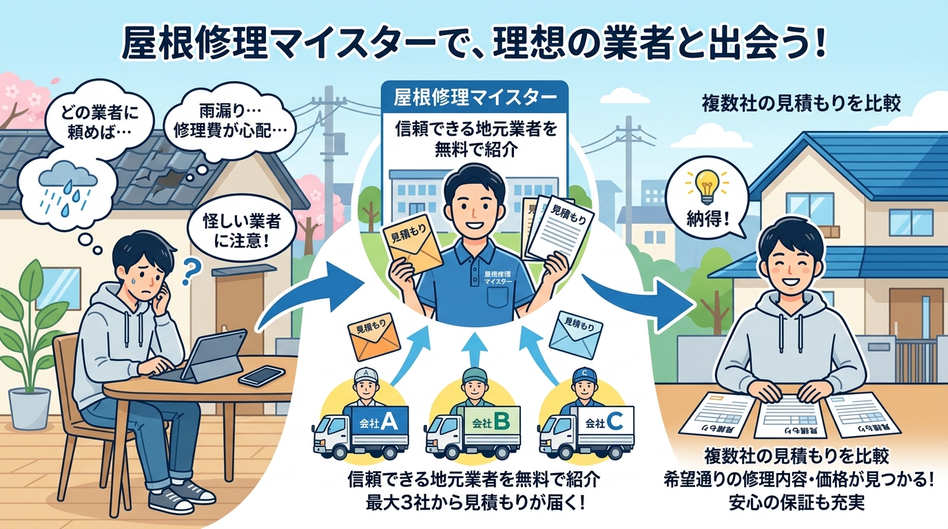 現代日本をベースに、日本人や日本の風景を使用すること, 「屋根修理の業者探し」をテーマにしたインフォグラフィック。明るく親しみやすいフラットデザインのデジタルイラスト。左に「どの業者に頼めば&hellip;」と悩む