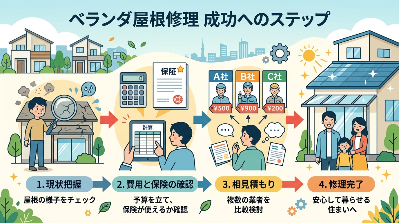 現代日本をベースに、日本人や日本の風景を使用すること, インフォグラフィック、フラットデザイン。「ベランダ屋根修理 成功へのステップ」というテーマ。1. 虫眼鏡で屋根を見る人(現状把握)、2. 電卓と