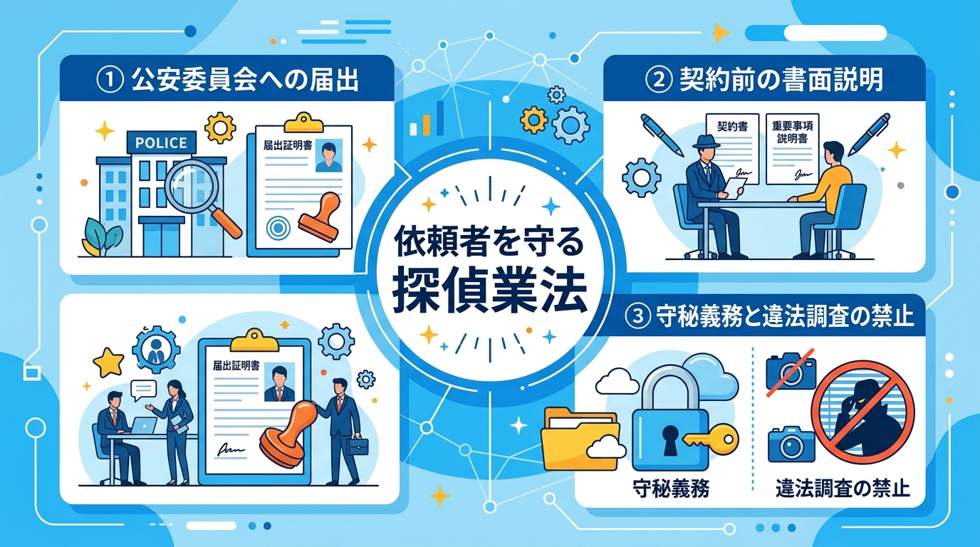 「探偵業法」の3つの重要ポイントを解説するインフォグラフィック。中央に「依頼者を守る探偵業法」というタイトル。その周りに、①「公安委員会への届出」と証明書のアイコン、②「契約前の書面説明」と契約書のア
