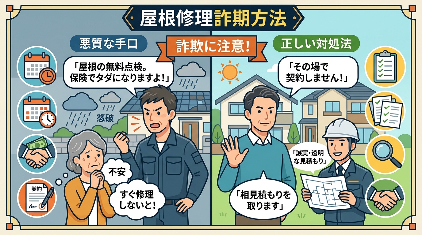 現代日本をベースに、日本人や日本の風景を使用すること, 「屋根修理の詐欺手口」がテーマのインフォグラフィック。画面を左右に分割し、左に「悪質な手口」、右に「正しい対処法」を比較図で示す。左には突然訪問