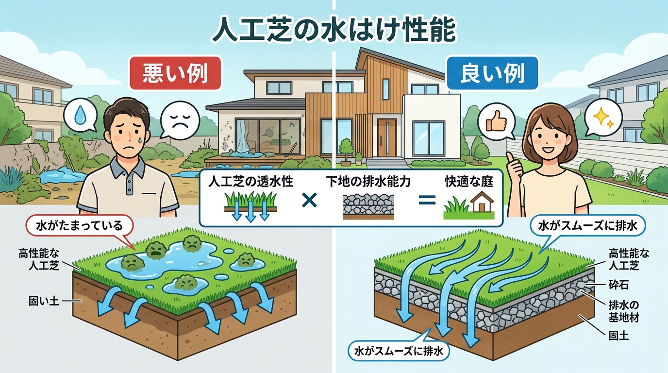 日本人と日本人の近代住宅・風景。参照画像の画風・テイスト・タッチでのイラストの作成。必要に応じてカラーにして。, インフォグラフィック、フラットなデジタルイラスト。タイトル「人工芝の水はけ性能」。画面