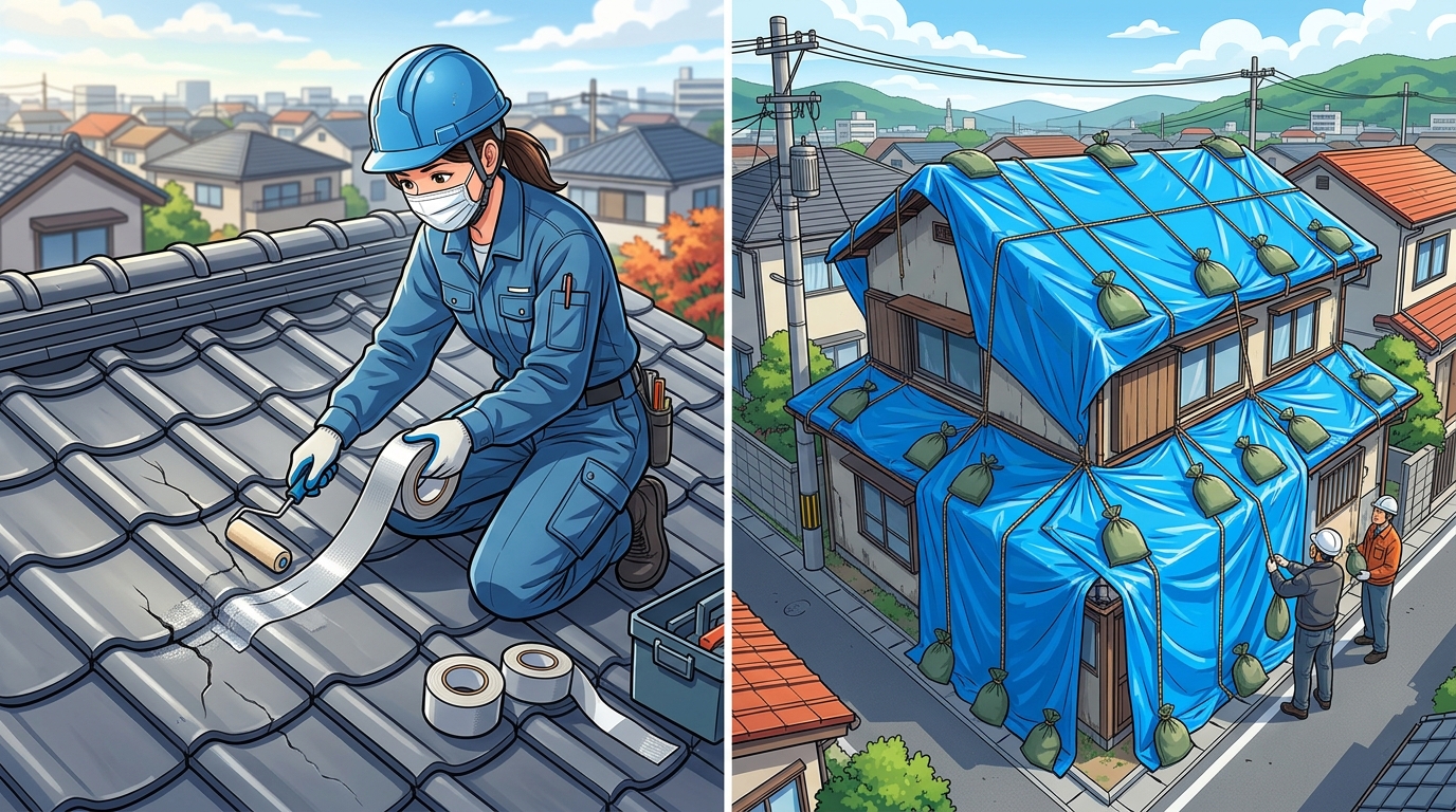 屋根のひび割れに防水テープを貼っている作業風景と、屋根全体をブルーシートで覆い、土のうで固定している様子の2枚の写真。]