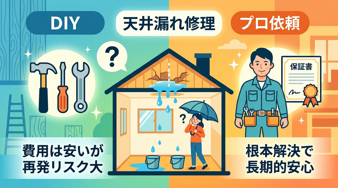 現代日本をベースに、日本人や日本の風景を使用すること, 「天井の雨漏り修理」をテーマにした比較インフォグラフィック。画面を左右に分割し、左に「DIY」、右に「プロ依頼」を配置。DIY側には工具と疑問符