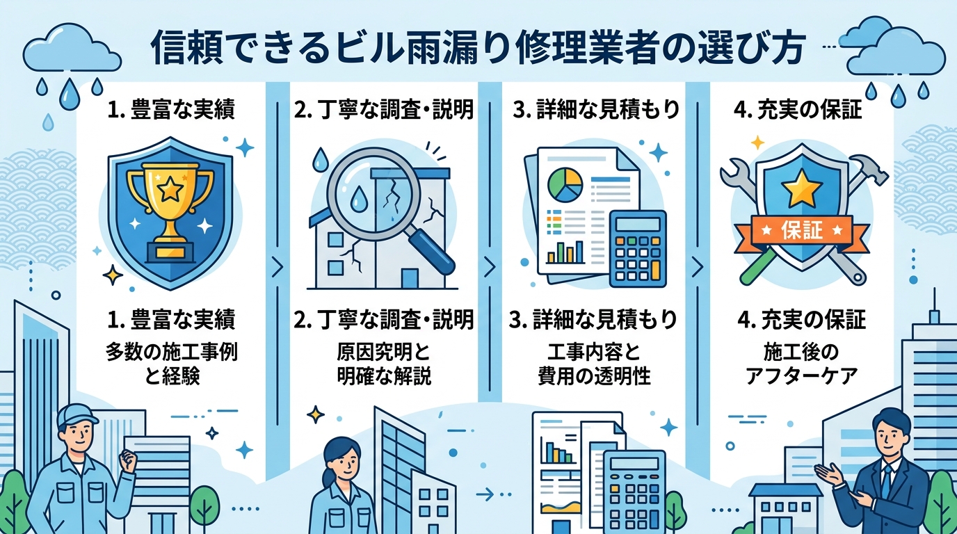 現代日本をベースに、日本人や日本の風景を使用すること, インフォグラフィック、フラットデザイン。「信頼できるビル雨漏り修理業者の選び方」というタイトルを上部に配置。その下に4つのポイントをアイコン付き