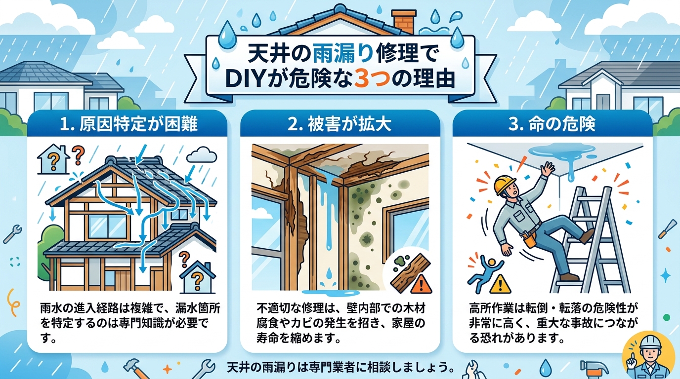 現代日本をベースに、日本人や日本の風景を使用すること, 「天井の雨漏り修理でDIYが危険な3つの理由」をテーマにしたインフォグラフィック。フラットデザインのデジタルイラストで、中央にタイトルを配置。1