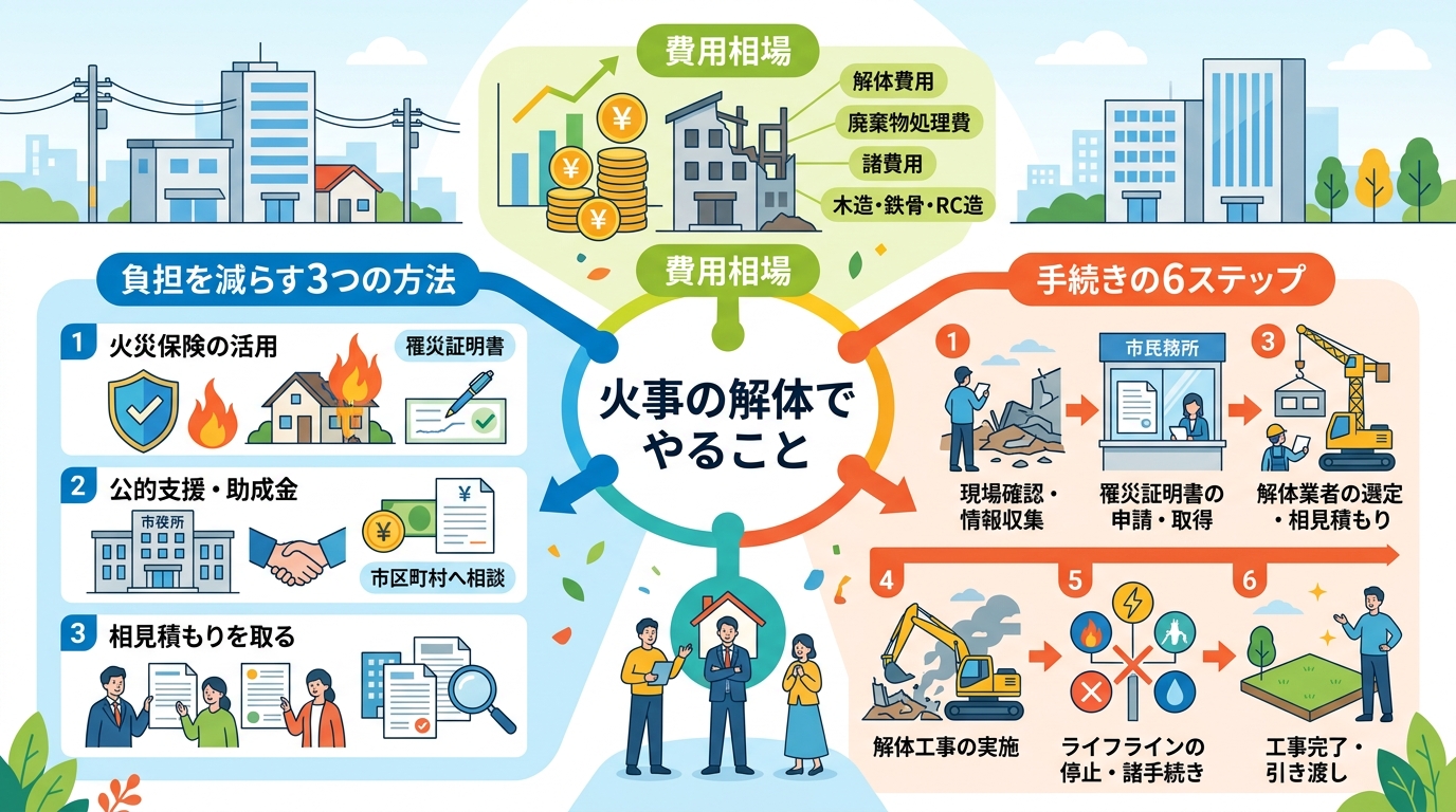 日本人と現代日本の風景, 「火事の解体でやること」をテーマにしたインフォグラフィック。中央にタイトルを配置し、「費用相場」「負担を減らす3つの方法」「手続きの6ステップ」の3つのセクションに分岐する構