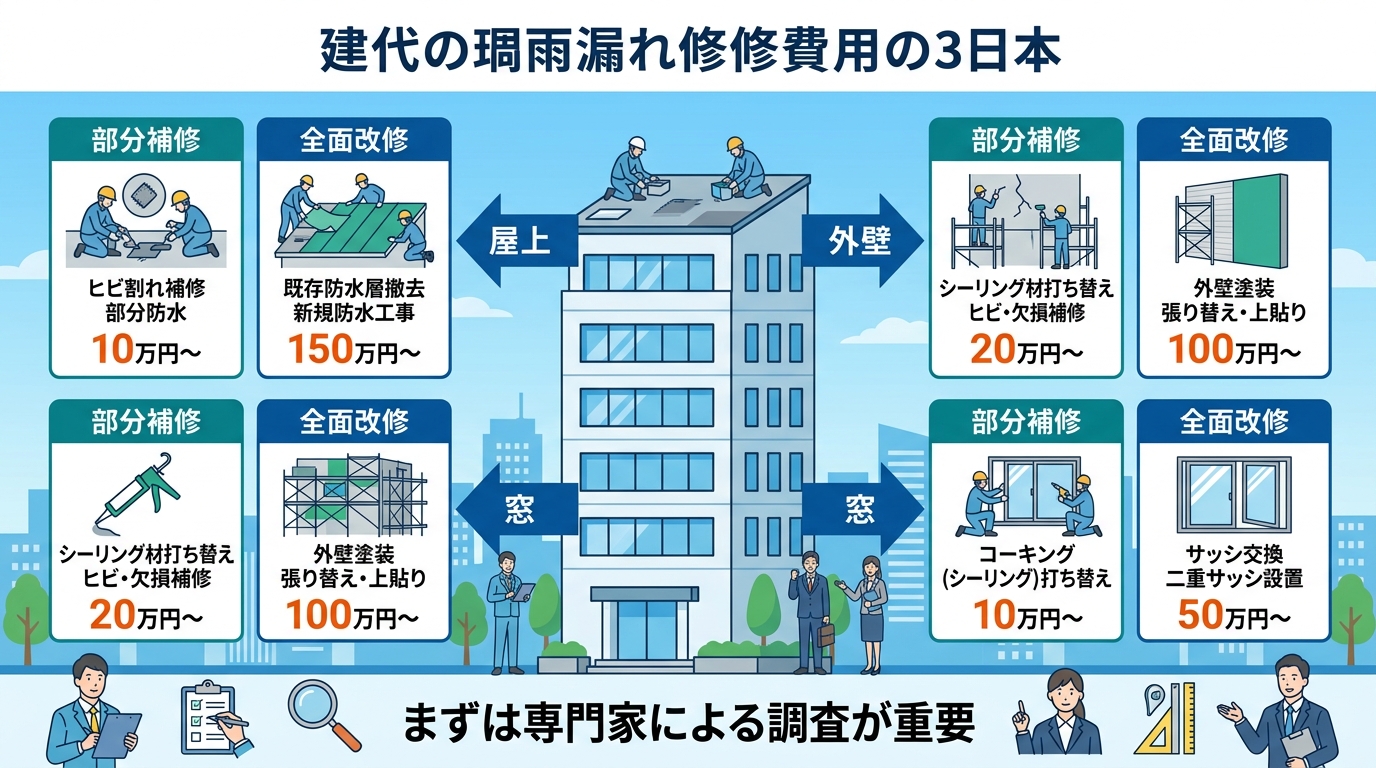 現代日本をベースに、日本人や日本の風景を使用すること, 「ビルの雨漏り修理費用」をテーマにしたインフォグラフィック。中央にビルのイラストを配置し、「屋上」「外壁」「窓」の3箇所を指し示す。各箇所から「