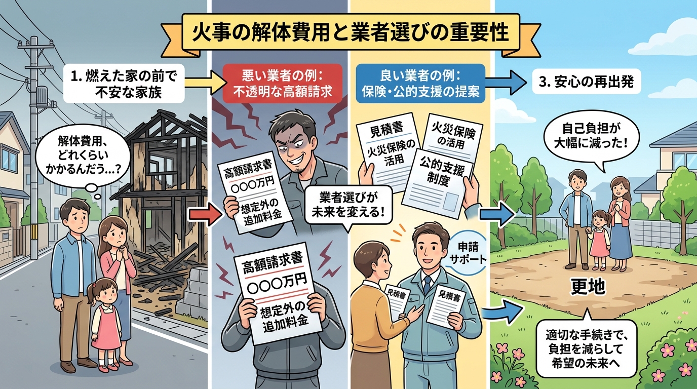 日本人と現代日本の風景, 火事の解体費用と業者選びの重要性を伝えるインフォグラフィック。3ステップで構成。①燃えた家の前で「費用は?」と不安な家族。②悪い業者からの高額請求書と、良い業者が「火災保険」