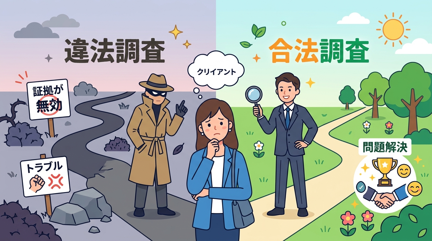 インフォグラフィック、フラットデザイン。探偵選びの分岐点を描いた比較図。中央に悩む依頼者。左側は「違法調査」と書かれた暗く危険な道で、怪しい探偵が依頼者を導き、行き止まりには「証拠が無効」「トラブル」
