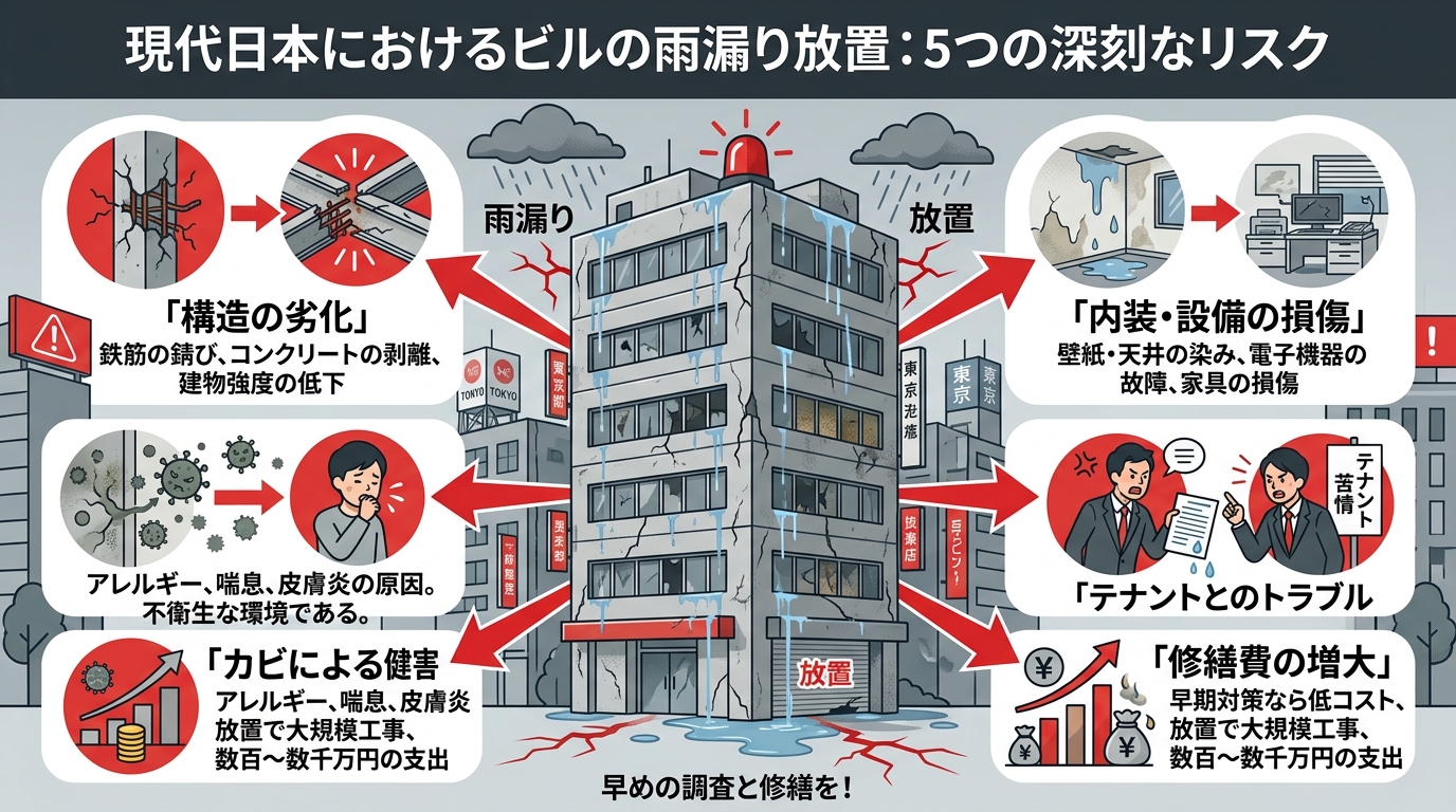現代日本をベースに、日本人や日本の風景を使用すること, ビルの雨漏りを放置した場合の5つの深刻なリスクを示すインフォグラフィック。中央に雨漏りで傷んだビルのイラストを配置し、そこから放射状に「構造の劣