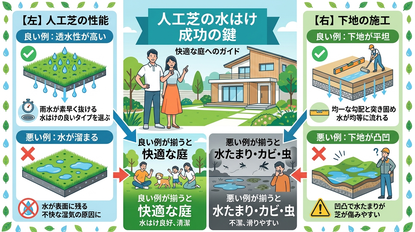 日本人と日本人の近代住宅・風景。参照画像の画風・テイスト・タッチでのイラストの作成。必要に応じてカラーにして。, インフォグラフィック、フラットデザイン。「人工芝の水はけ 成功の鍵」というテーマ。画面