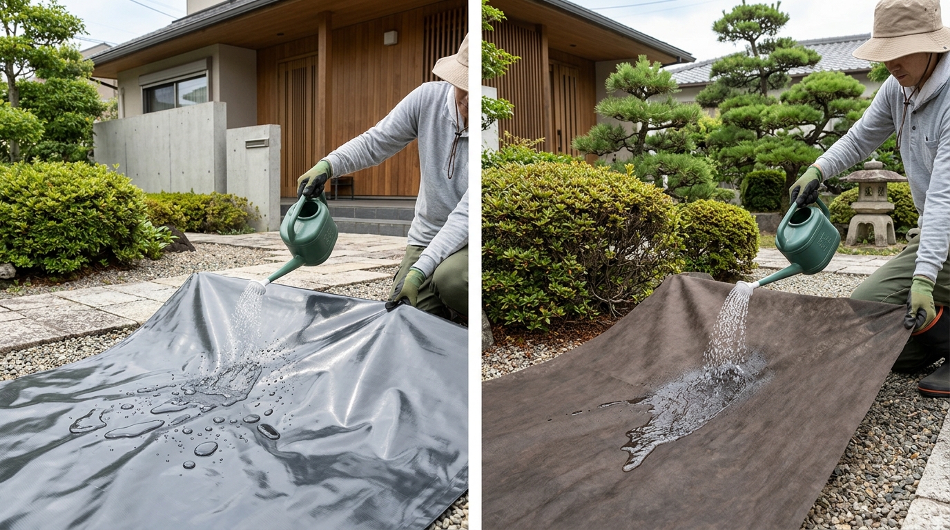 水を弾いてしまっているビニール系防草シートの写真と、水がスムーズに浸透していく不織布タイプの防草シートの比較写真。]