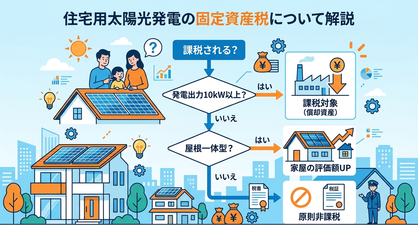 日本人と現代日本を舞台にすること, 太陽光発電の固定資産税について解説するインフォグラフィック。「課税される？」という問いから始まるフローチャート形式で、「発電出力10kW以上？」の分岐で「はい→課税