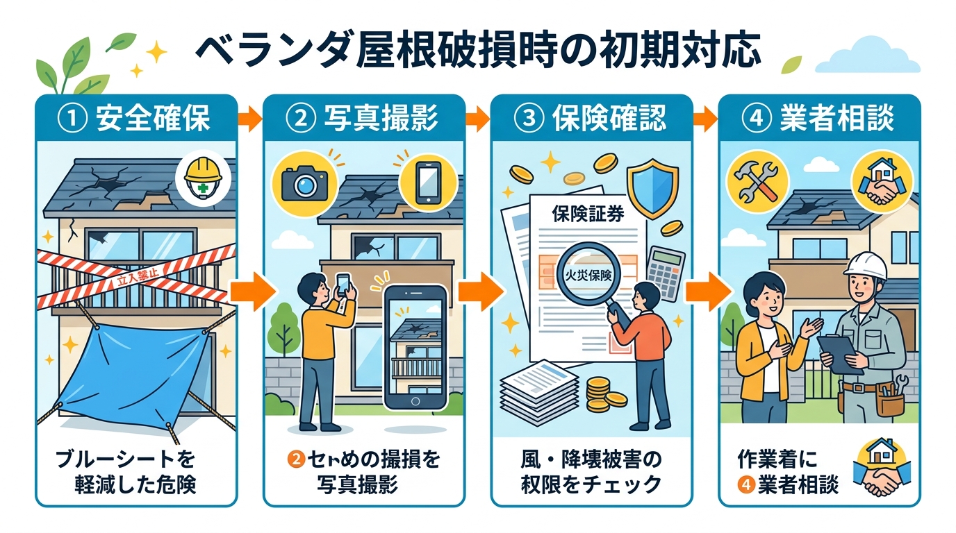 現代日本をベースに、日本人や日本の風景を使用すること, 「ベランダ屋根破損時の初期対応」というタイトルのインフォグラフィック。4つのステップからなるフローチャート形式。①安全確保(立入禁止テープとブル