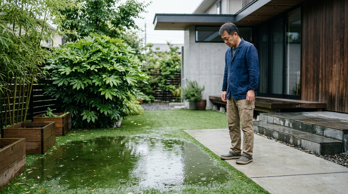 大雨の後、人工芝の上に大きな水たまりができている庭の写真。DIYで失敗した事例として紹介する。]