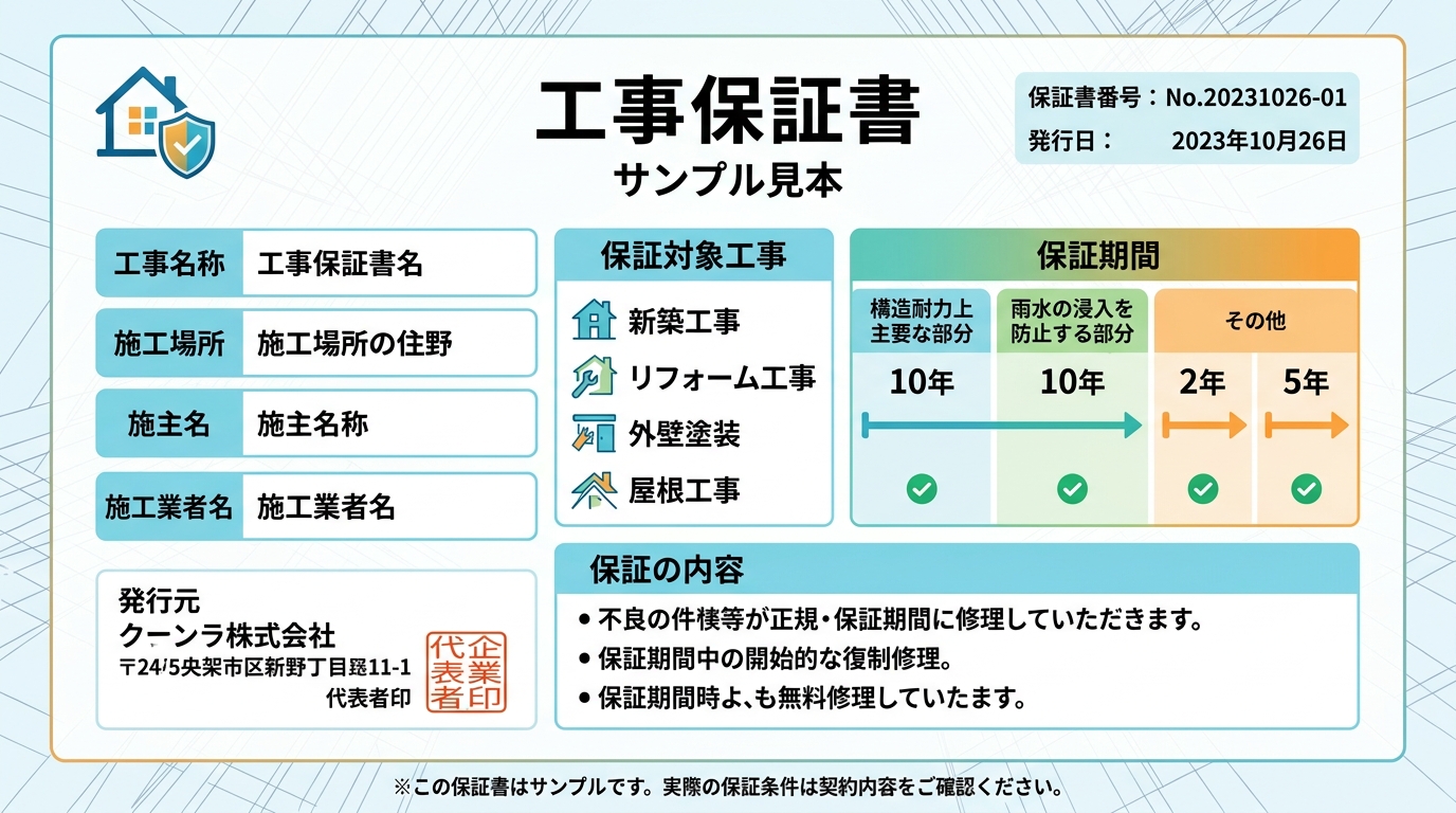 実際の「工事保証書」の見本サンプル画像]