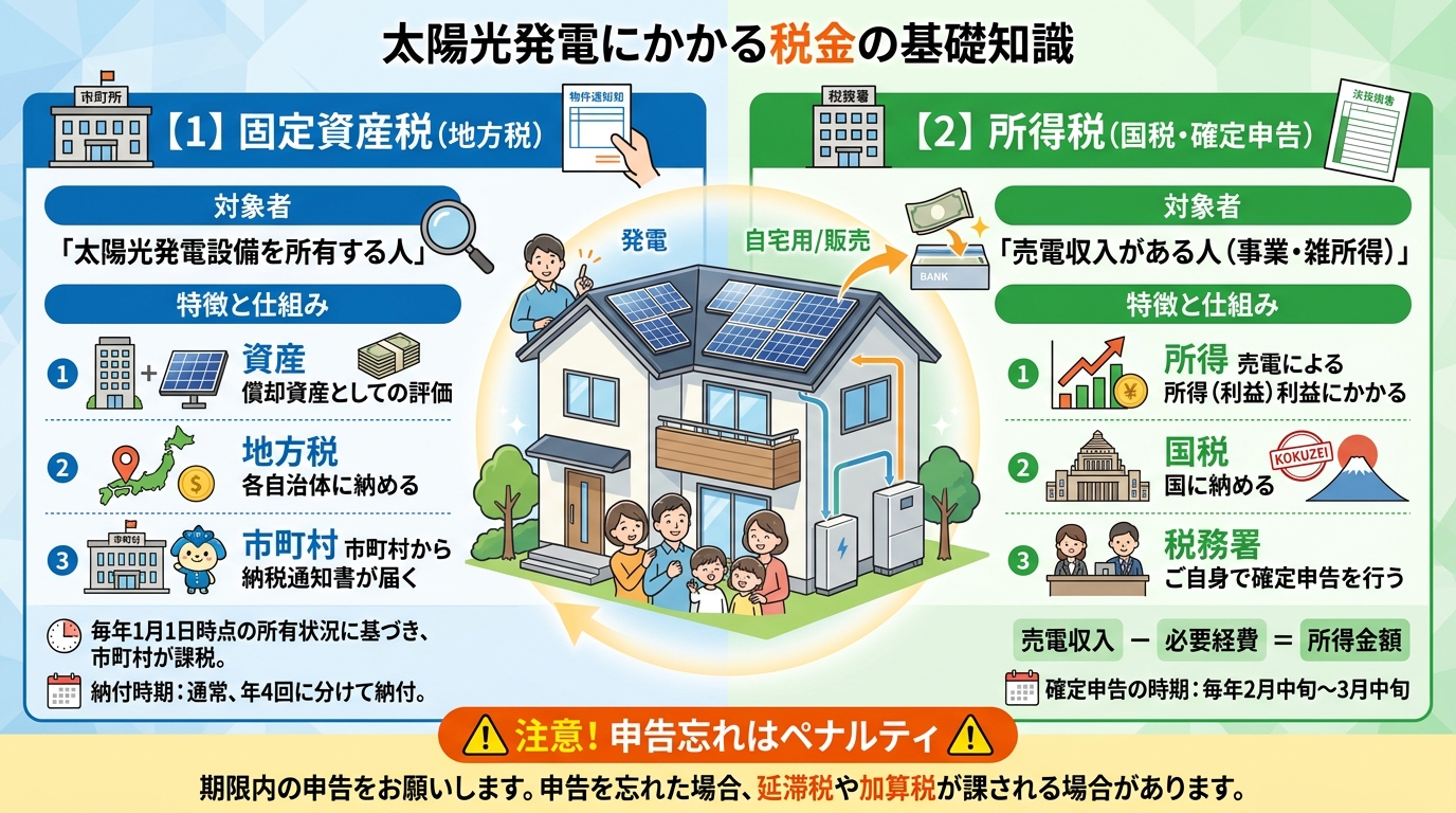 日本人と現代日本を舞台にすること, 太陽光発電の税金に関するインフォグラフィック。画面を左右に二分割し、左に「固定資産税」、右に「所得税（確定申告）」を配置。固定資産税は「資産・地方税・市町村」をアイ