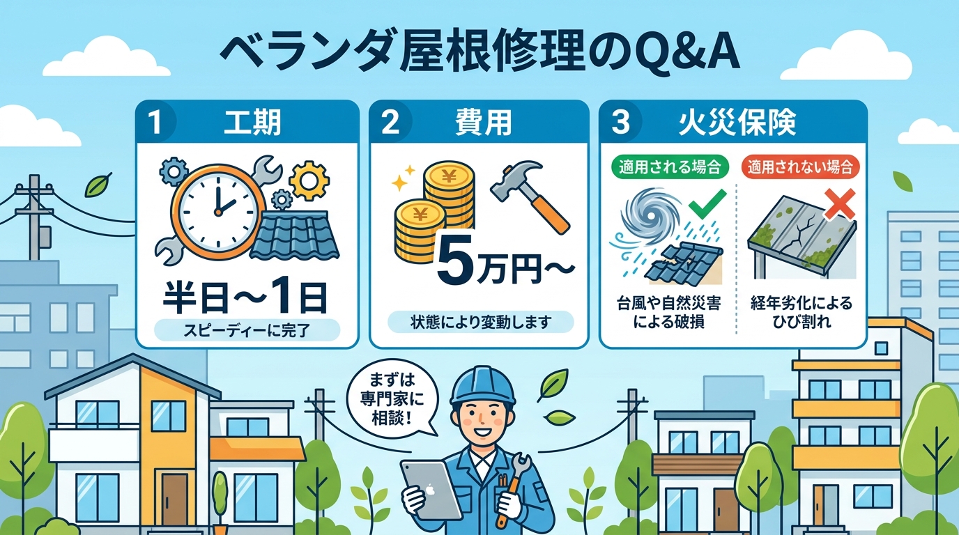 現代日本をベースに、日本人や日本の風景を使用すること, 「ベランダ屋根修理のQ&A」をテーマにしたインフォグラフィック。「工期」「費用」「火災保険」の3つの疑問を、アイコンと短いテキストで3分割して解