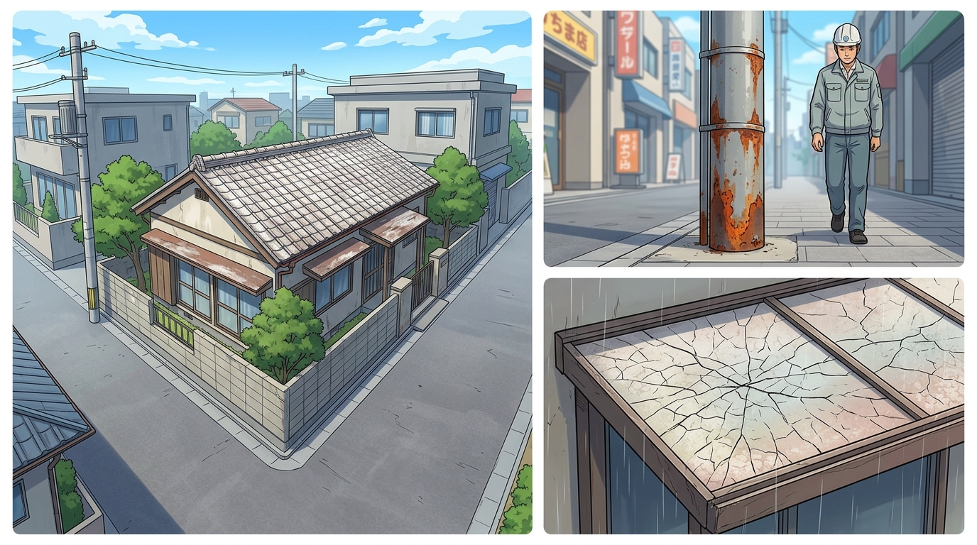 経年劣化の具体例を示す写真3点。①全体的に色褪せて白っぽくなった屋根パネル、②支柱の根元が赤く錆びている様子、③日光で硬化し、細かくひび割れているパネルのアップ写真。]
